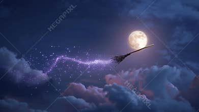 Magical Broomstick Flying Across a Moonlit Night Sky