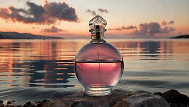 Elegant perfume bottle on a rock with a beautiful sunset reflecting on the water behind it