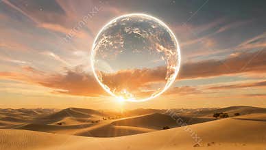 Surreal desert landscape with a glowing orb floating above the sand dunes at sunset time