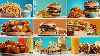 A vibrant collage of assorted fast food items such as burgers fries fried chicken nuggets wings and beverages against a bright