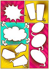 Comic book page divided by lines with speech bubbles and sounds effect. Retro background mock-up. Comics template
