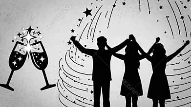 Celebration concept with sparkling champagne glasses and people silhouettes