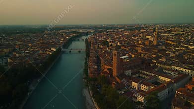 Aerial view of Verona historic center and Adige River at sunset