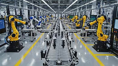 Automated Robotic Arms Assembling Vehicles on a Modern Factory Production Line with Sparks Flying Brightly Lit Industrial