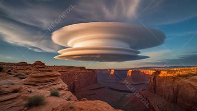 a cloud formation resembling a UFO hovering above a desert canyon landscape