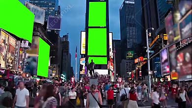 Times Square New York City at Dusk with Green Screen Billboards and Bustling Crowd