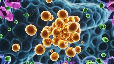 Microscopic View of Cellular Structures with Emerging Pathogens and Lipid Droplets in Blue and Teal Tones with Vibrant Pink and