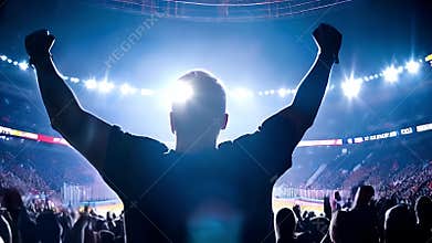 silhouette of a fan celebrating victory in a stadium filled with cheering crowds and bright stadium lights