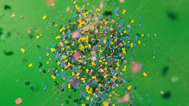 Colorful Confetti Burst Falling Against Green Screen Background with Dynamic Celebration Style