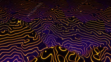 Abstract glowing topographic terrain with purple and gold contour lines forming futuristic landscape