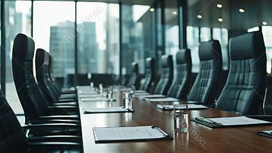 Executive meeting room setup with glass windows overlooking city skyline during daylight hours