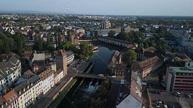 Aerial view of Strasbourg's historic bridges and river at late afternoon