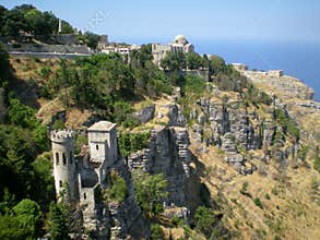 Panoramic view of three ancient fortresses of Erice town, Sicily, Italy