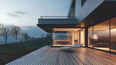 Modern luxury villa deck at peaceful sunset