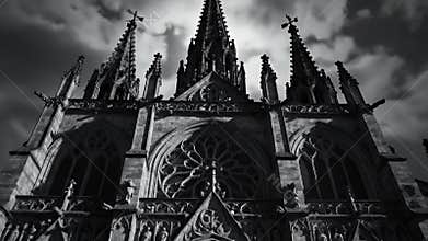Gothic Cathedral Facade Shrouded in Fog with Arched Entrances and Towers
