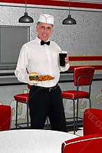 Food Burger Fries Coke Served by Retro Soda Jerk