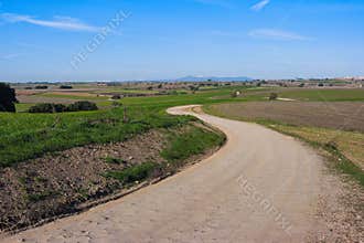 Winding dirt road through green fields with distant mountains under a clear blue sky in broad daylight