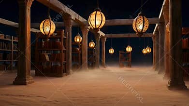 Open Air Desert Library at Night with Lanterns and Blowing Sand Mystical Atmosphere