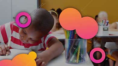Boy sketching assignment in education while pink and orange graphic overlays sliding in