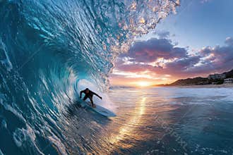 Surfer Riding Inside a Perfect Wave at Sunset