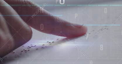 Index finger gliding across Braille cells while overlays flashing scanline tracking for decoding