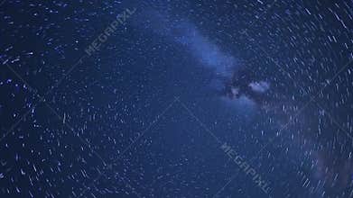 Deep Blue Night Sky with Swirling Star Trails and Glimmering Milky Way