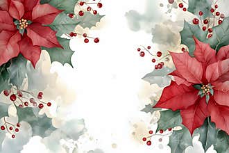 Christmas Watercolor Background with Poinsettia and Holly Decoration AI-generated