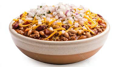 Bowl Full of Hearty Chili With Onions and Shredded Cheddar