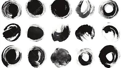 Black Brushstrokes in Circular Shapes Form a Simple Abstract Design on White Background