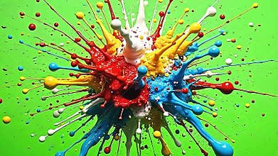 A vivid explode paint drop canvas unfolds as paint droplets scatter energetically across a pure green Generative AI