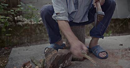 Elderly Man Splits Firewood With an Axe Outdoors, With Sounds of Chopping Wood