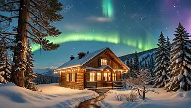 Cozy log cabin glows under the aurora borealis in a snowy winter wonderland landscape scene