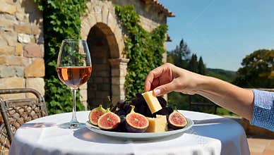 RosÃ© wine and fresh fruit on a table outside a stone building on a sunny day in the countryside