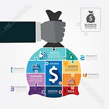 Infographic Template with businessman hand hold money bag jigsaw