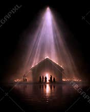 Christian Christmas Creation Commercial Image Birth Light · Holy Silver Glow - Hyperrealistic Silver White Beams, Manger, Three