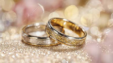 Elegant Gold Wedding Rings on Sparkling Bokeh Background for Romantic Occasions Generative AI