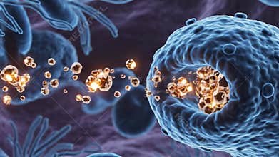 Microscopic View Of Blood Cells And Pathogens In Vibrant Blue And Orange Tones With Detailed Texture and Illumination