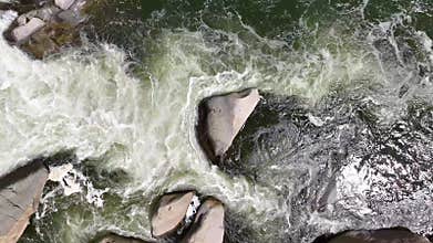 Aerial Kern River Rapids and Boulders Stationary Top Down Water Motion