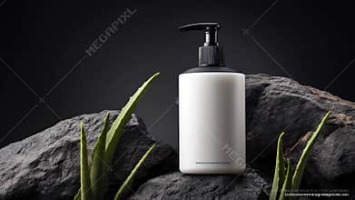 A white pump bottle on a rock with aloe vera plants in front of a dark backdrop