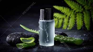 A clear bottle with a black cap sits among aloe vera and fern, with water pouring over