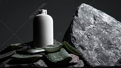 A white bottle on a bed of dark rocks and aloe vera. A large, gray rock forms the background