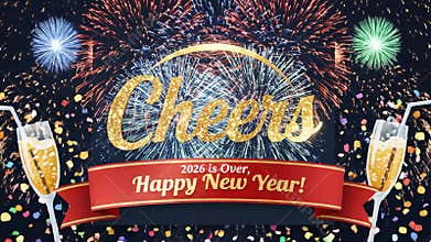 Festive fireworks display with happy new year greeting and gold text