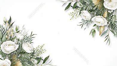 Elegant white rose and greenery border frame with soft floral corners on white background