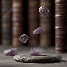 Purple crystals levitating in front of vintage books.