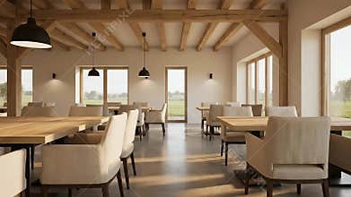 Empty Restaurant Interior With Wooden Tables and Chairs Natural Light from Windows