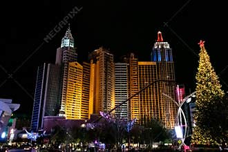 New York New York Casino at night during Christmas 2018.
