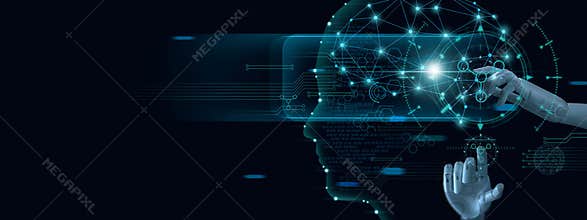 Machine learning. Hand of robot touching on binary data. Futuristic Artificial intelligence A