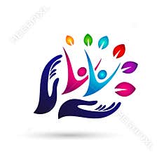 Hands taking care people logo design. Athletic, balance. environment wellness logo.