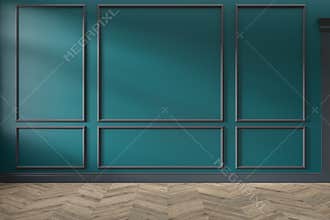 Modern classic green, turquoise color empty interior with wall panels, mouldings and wooden floor.