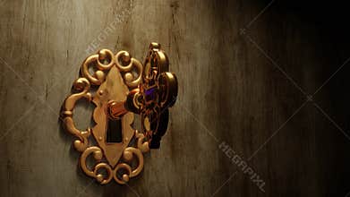 Key unlocking an old door and revealing green screen